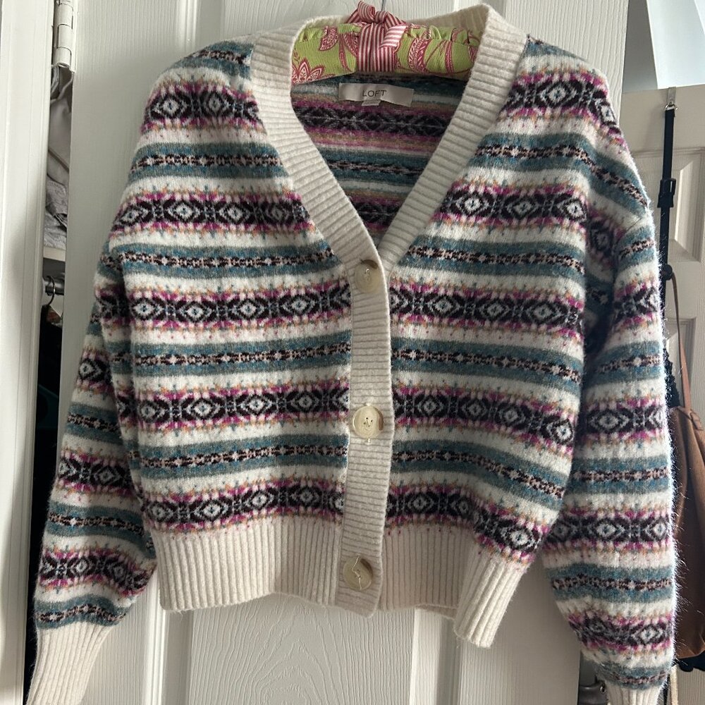 EUC LOFT V-Neck Faire Isle Cardigan Sweater, XS